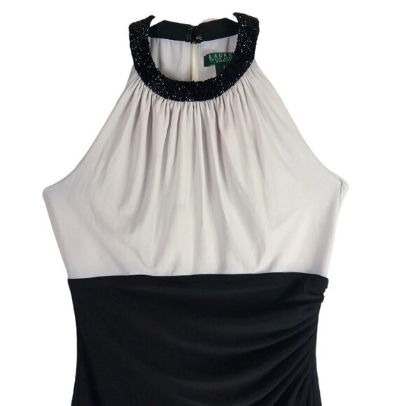Lauren Ralph Lauren Evening Womens Maxi Gown Dress Colorblock Size 2 Beaded Neck - Picture 4 of 10